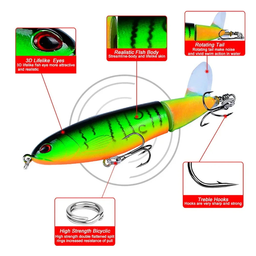 1pcs 10cm 14cm Topwater Spinner Fishing Lure Popper Artificial Pencil Hard Bait Propeller Rotating Tail Fishing Tackle Swimbait