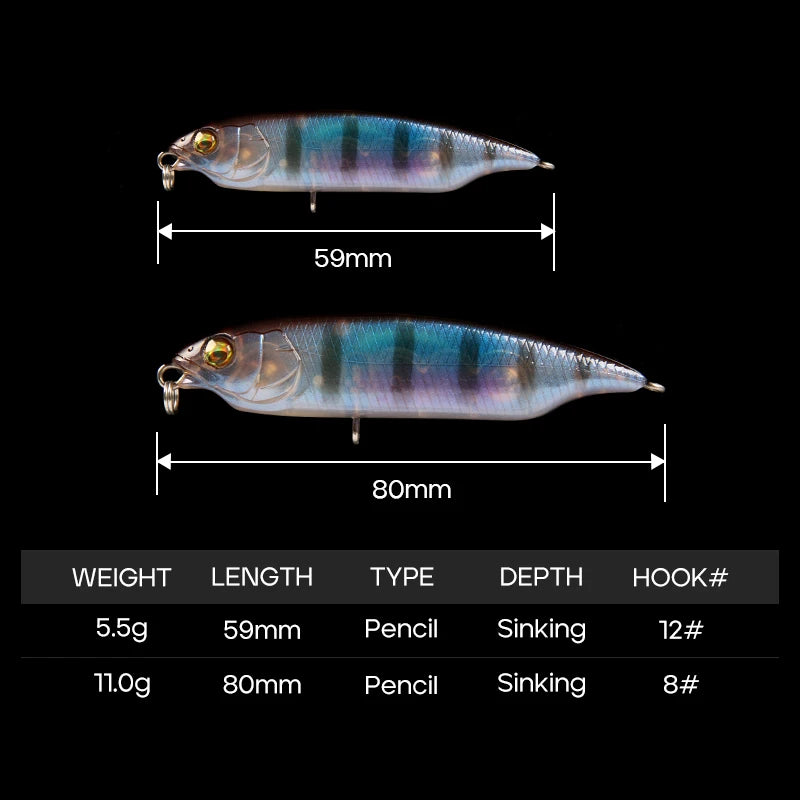 LETOYO 59mm 80mm Sinking Trout Lure Stick Pencil Lure Stickbait Freshwater Artificial Bait Trout Bass Pike Fishing Lure