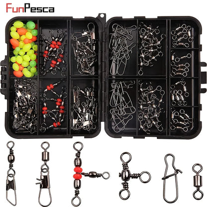 140pcs/box Fishing Swivel Snaps Kit - Ball Bearing Swivels, Triple Swivel Connectors, and Barrel Snap Clips