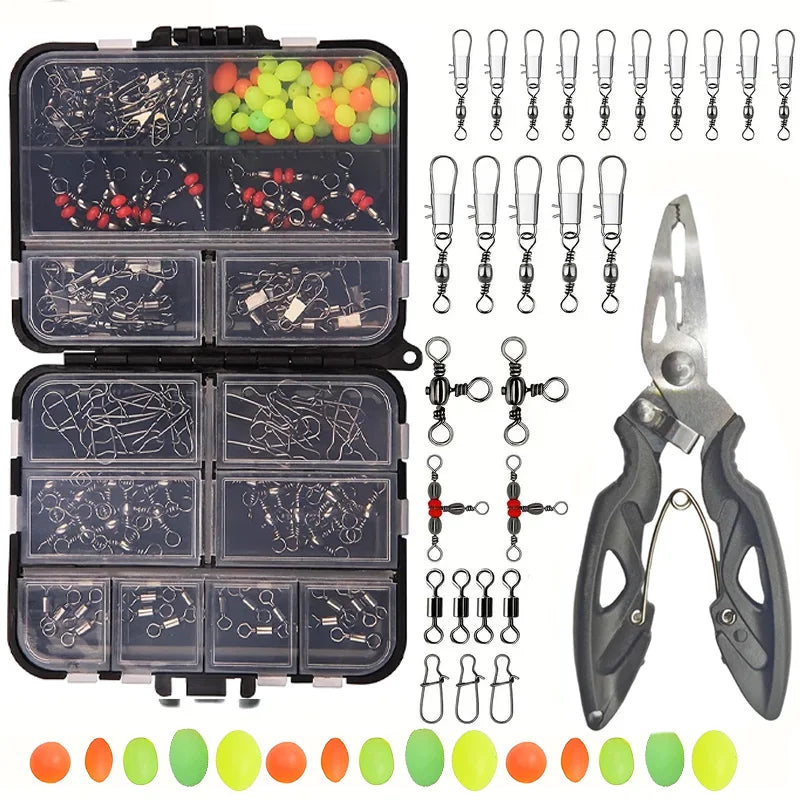 140pcs/box Fishing Swivel Snaps Kit - Ball Bearing Swivels, Triple Swivel Connectors, and Barrel Snap Clips